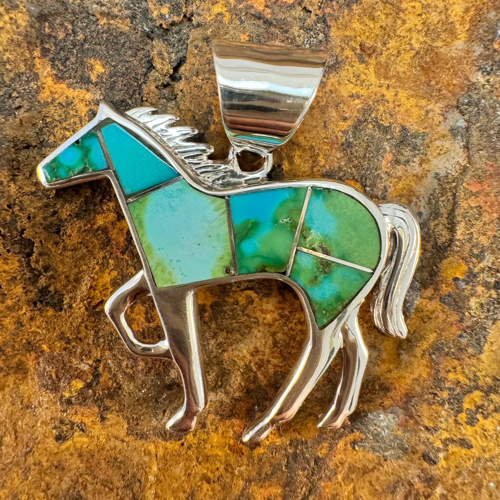 David Rosales Sonoran Gold Turquoise Inlaid Sterling Silver Pendant Horse