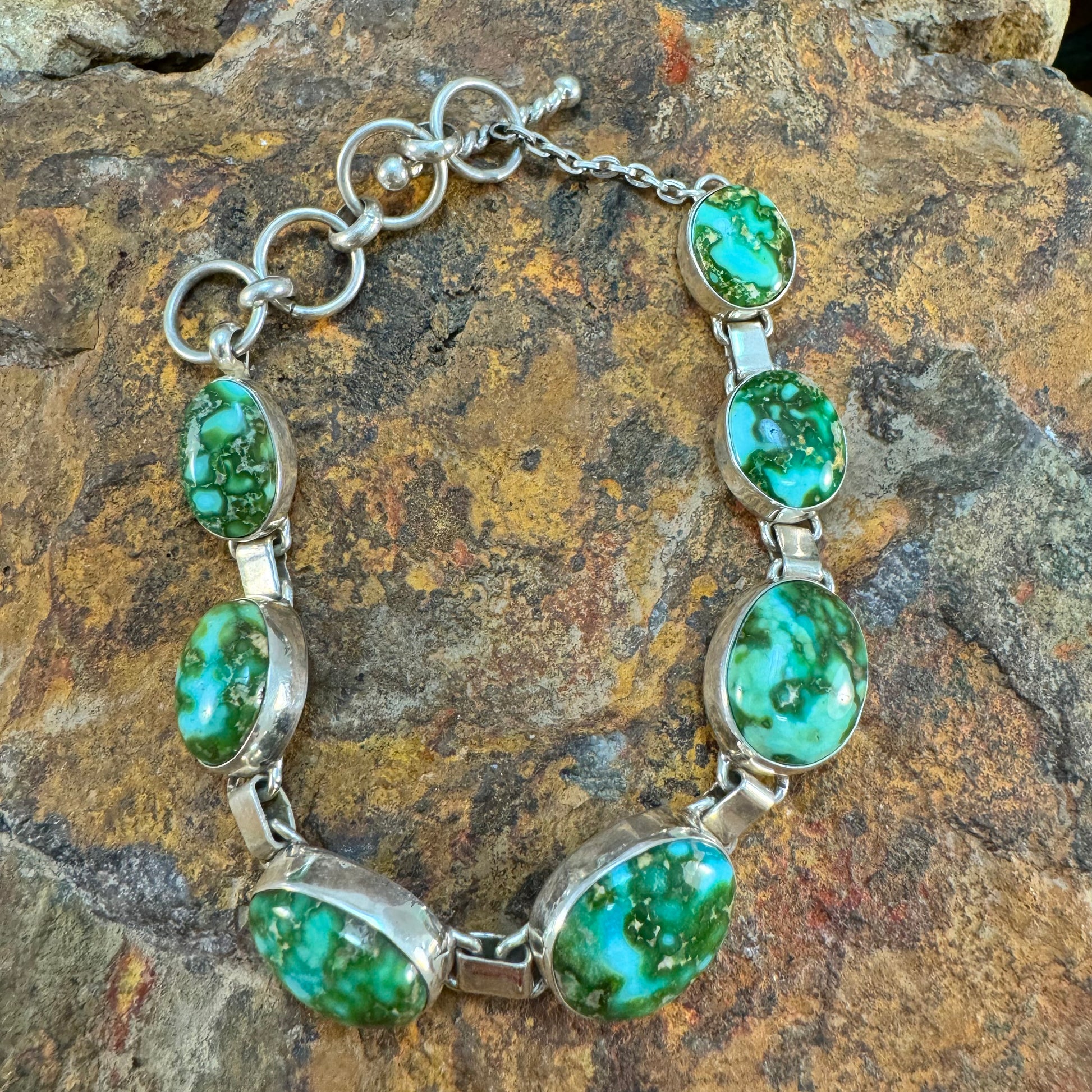 Sonoran Gold Turquoise Sterling Silver Link Bracelet by Jacob Olascoaga