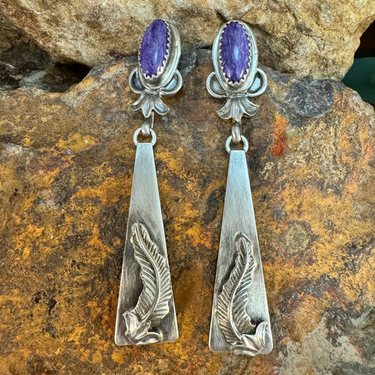 Purple Charoite Sterling Silver Feather Earrings by Mary Tso