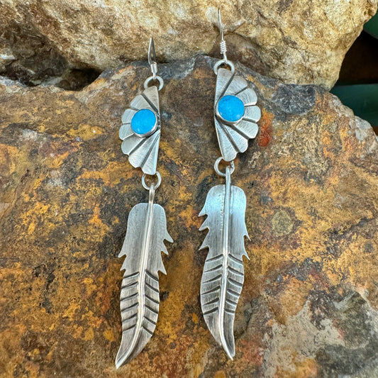 Sleeping Beauty Turquoise Sterling Silver Feather Earrings by Mary Tso