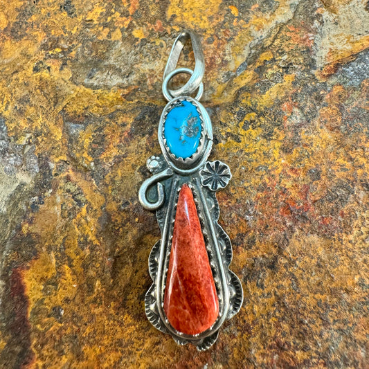 Kingman Turquoise & Red Spiny Oyster Sterling Silver Pendant by Mary Tso