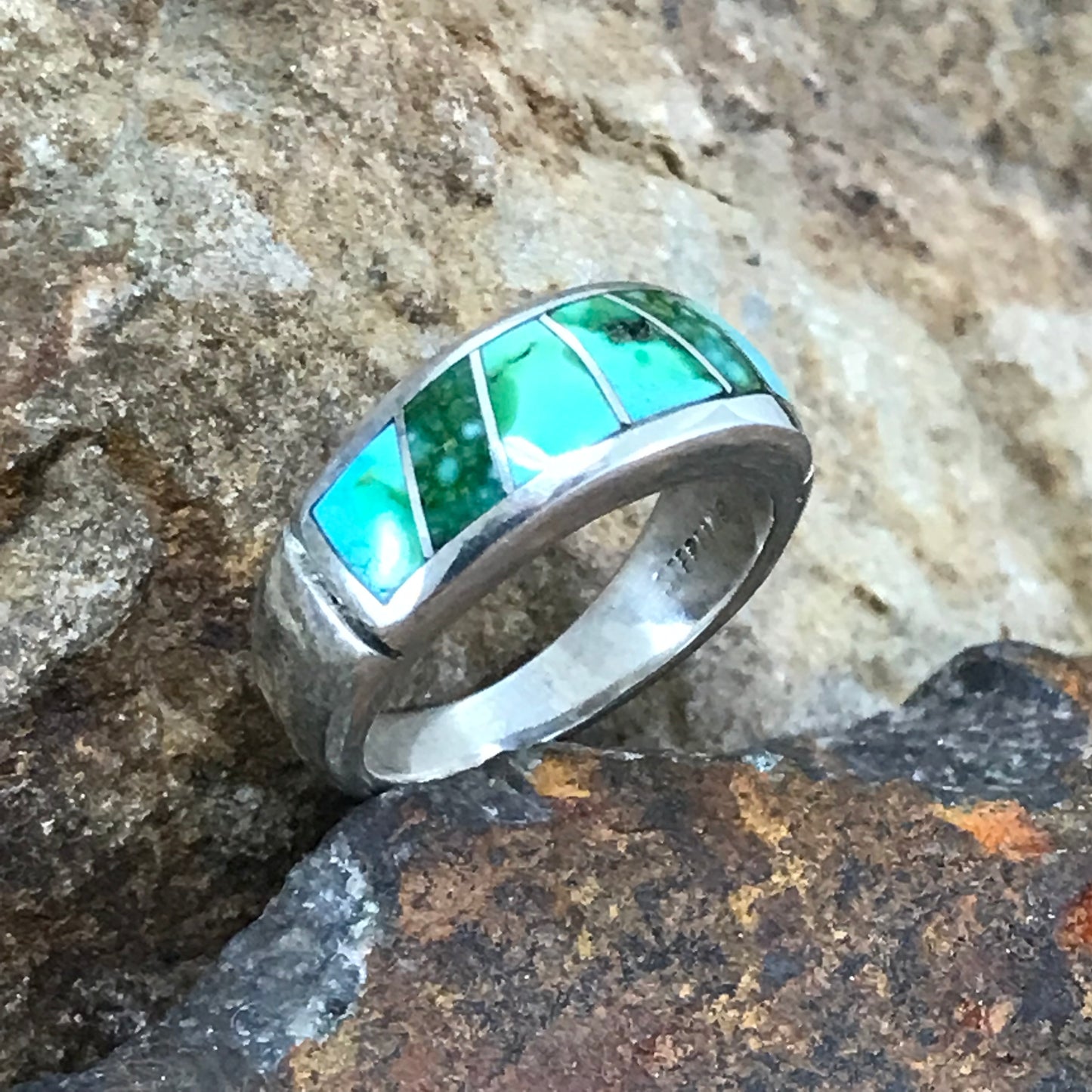 David Rosales Sonoran Gold Turquoise Inlaid Sterling Silver Ring