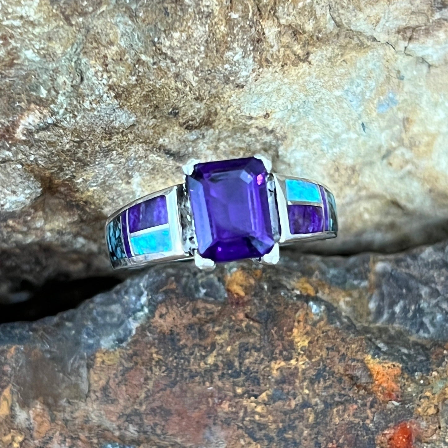 David Rosales Shalako Inlaid Sterling Silver Ring w/ Amethyst