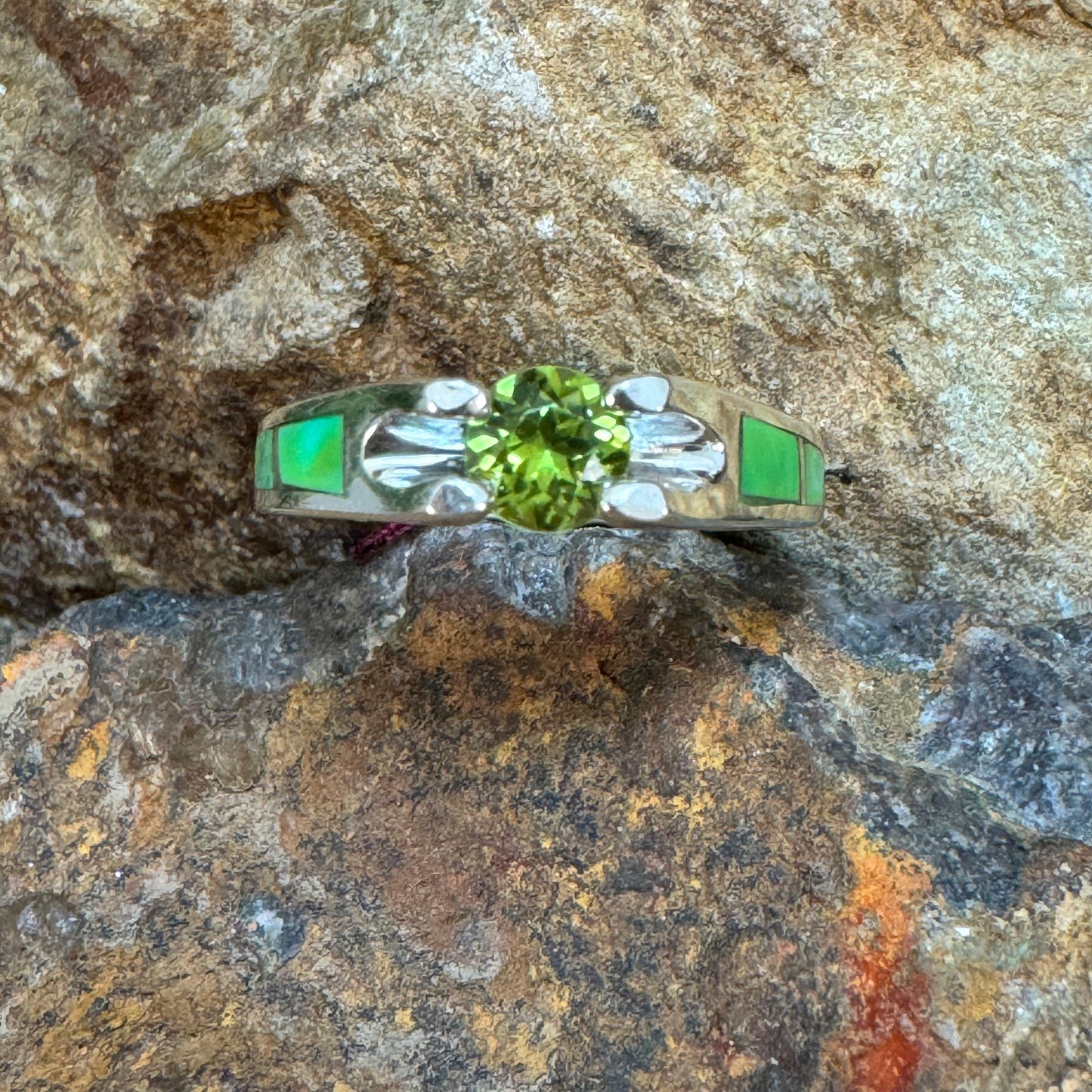 David Rosales Sonoran Gold Turquoise Inlaid Sterling Silver Ring w/ Peridot