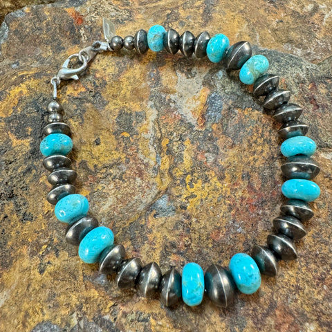 Traditional Sterling Silver Navajo Pearl & Kingman Turquoise Bracelet by Mary Tso