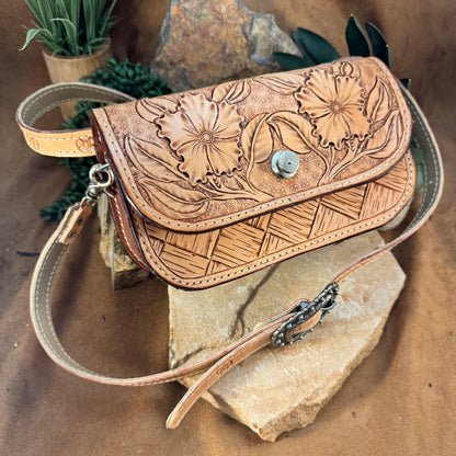 Hand Tooled 'Prescott Flowers' Leather Crossbody Purse by Stephen Vaughn Leatherworks