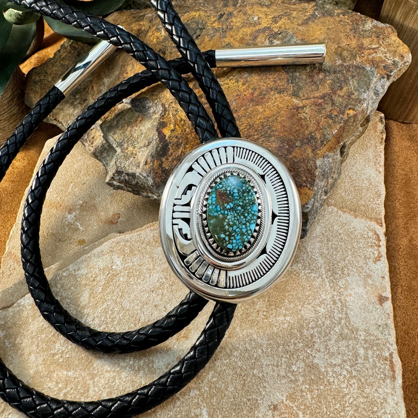 Apache Blue Turquoise Sterling Silver Leather Bolo Tie by Leonard Nez