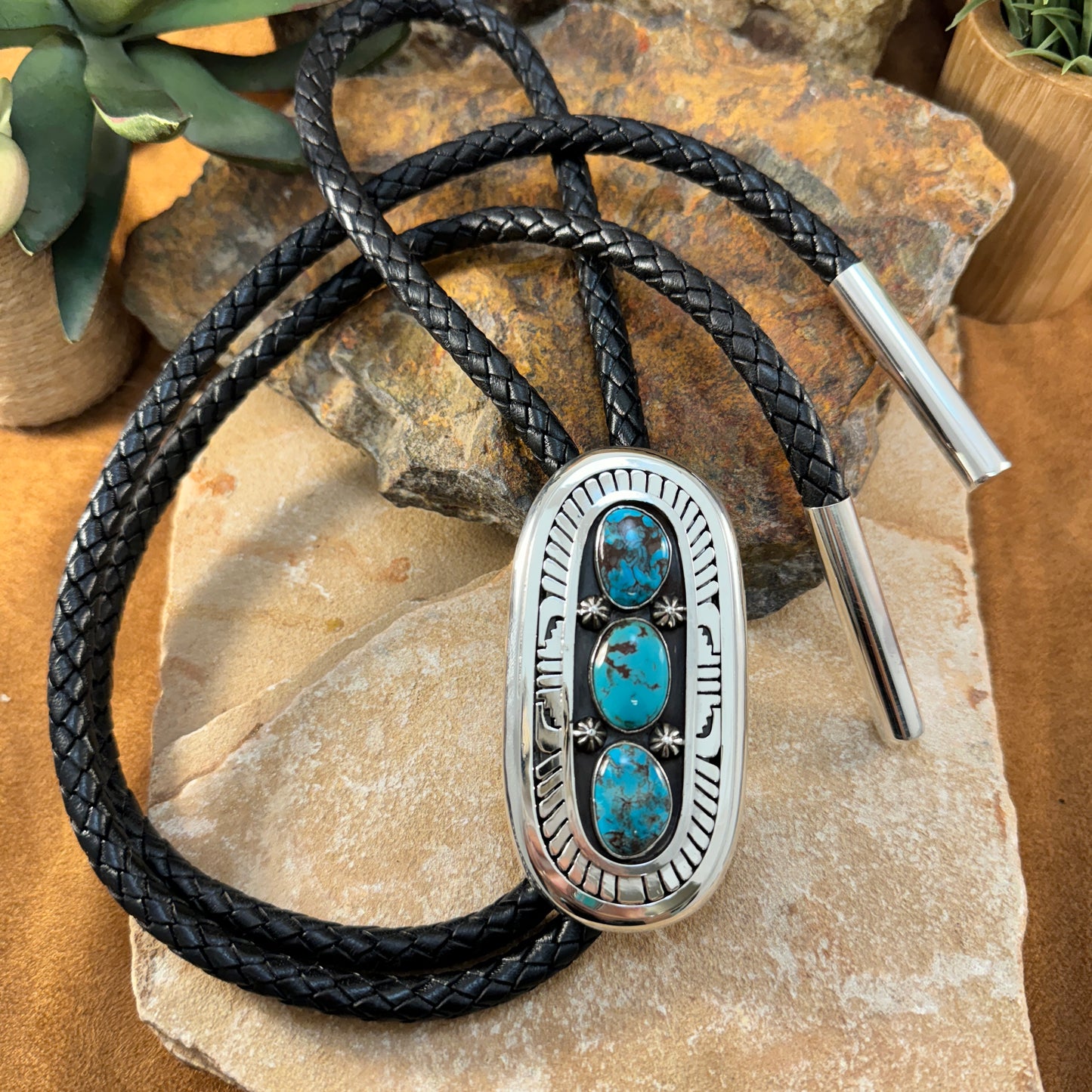 Prince Turquoise Sterling Silver Leather Bolo Tie by Leonard Nez