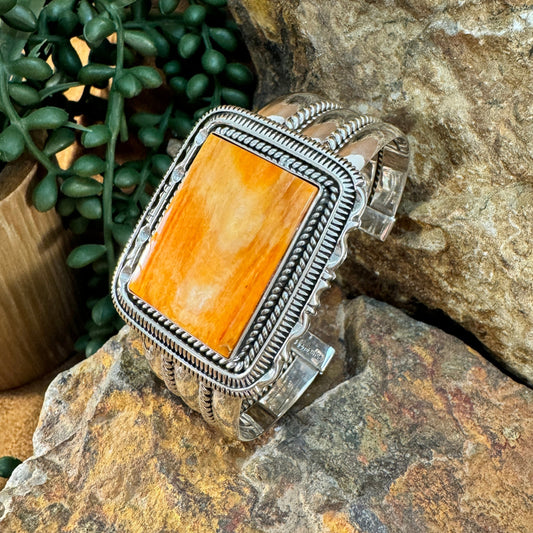 Orange Spiny Oyster Sterling Silver Bracelet by Artie Yellowhorse