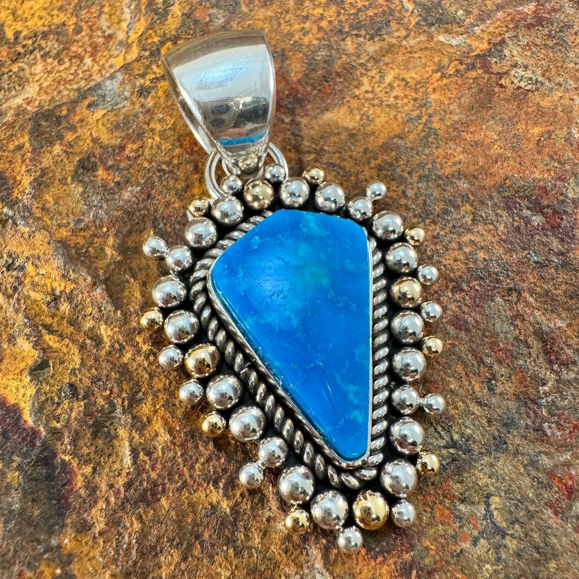 Mineral Park Kingman Turquoise Sterling Silver 14KT Pendant by Artie Yellowhorse