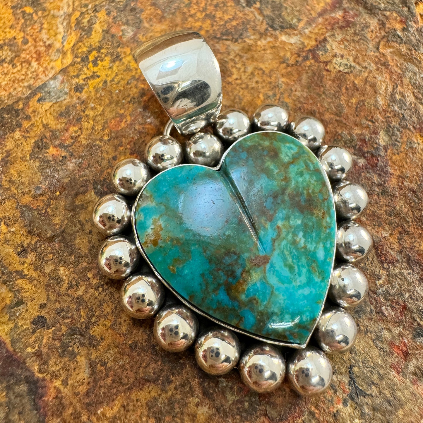 Kingman Turquoise Sterling Silver Pendant Heart by Artie Yellowhorse