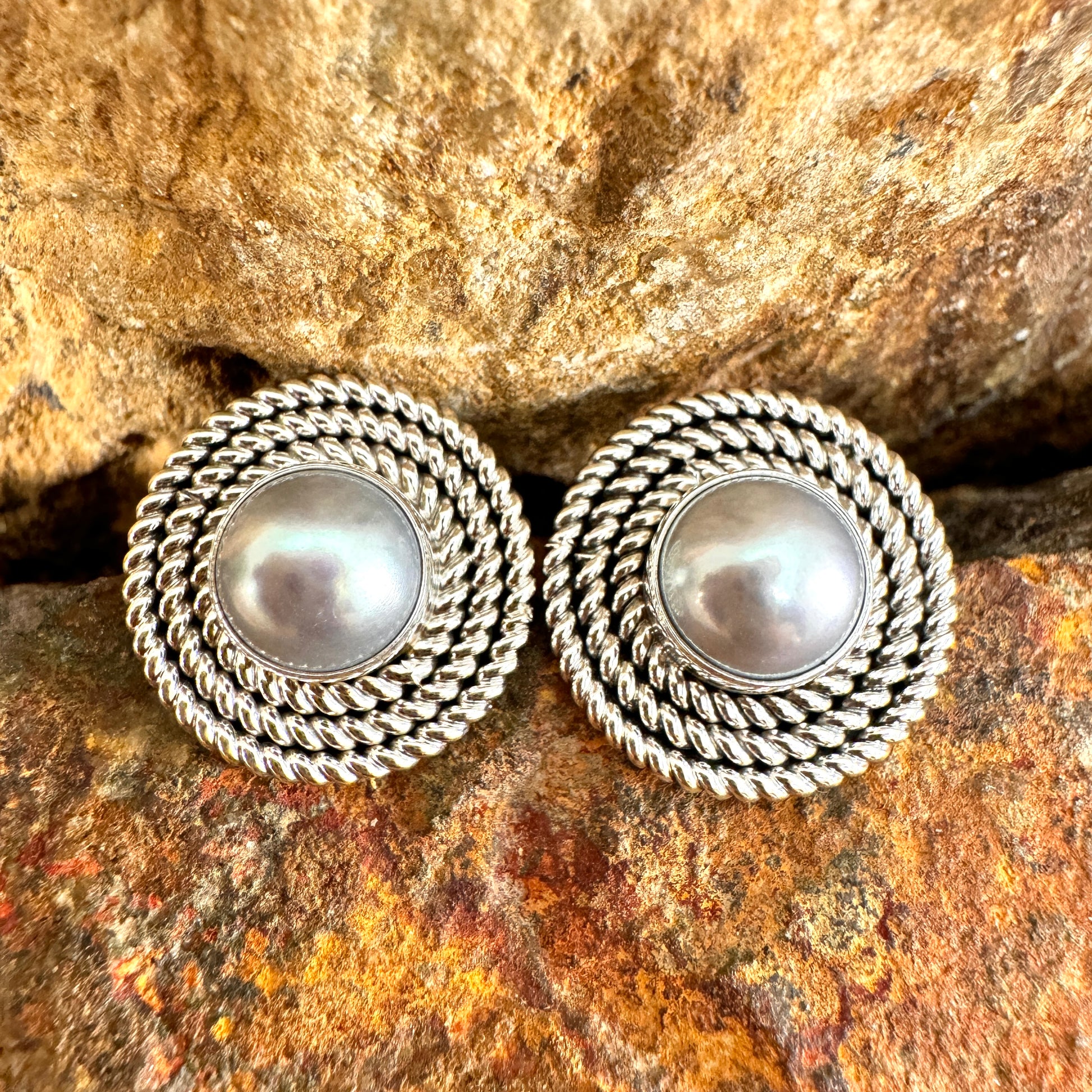 Grey Fresh Water Pearl & Sterling Silver Earrings by Artie Yellowhorse