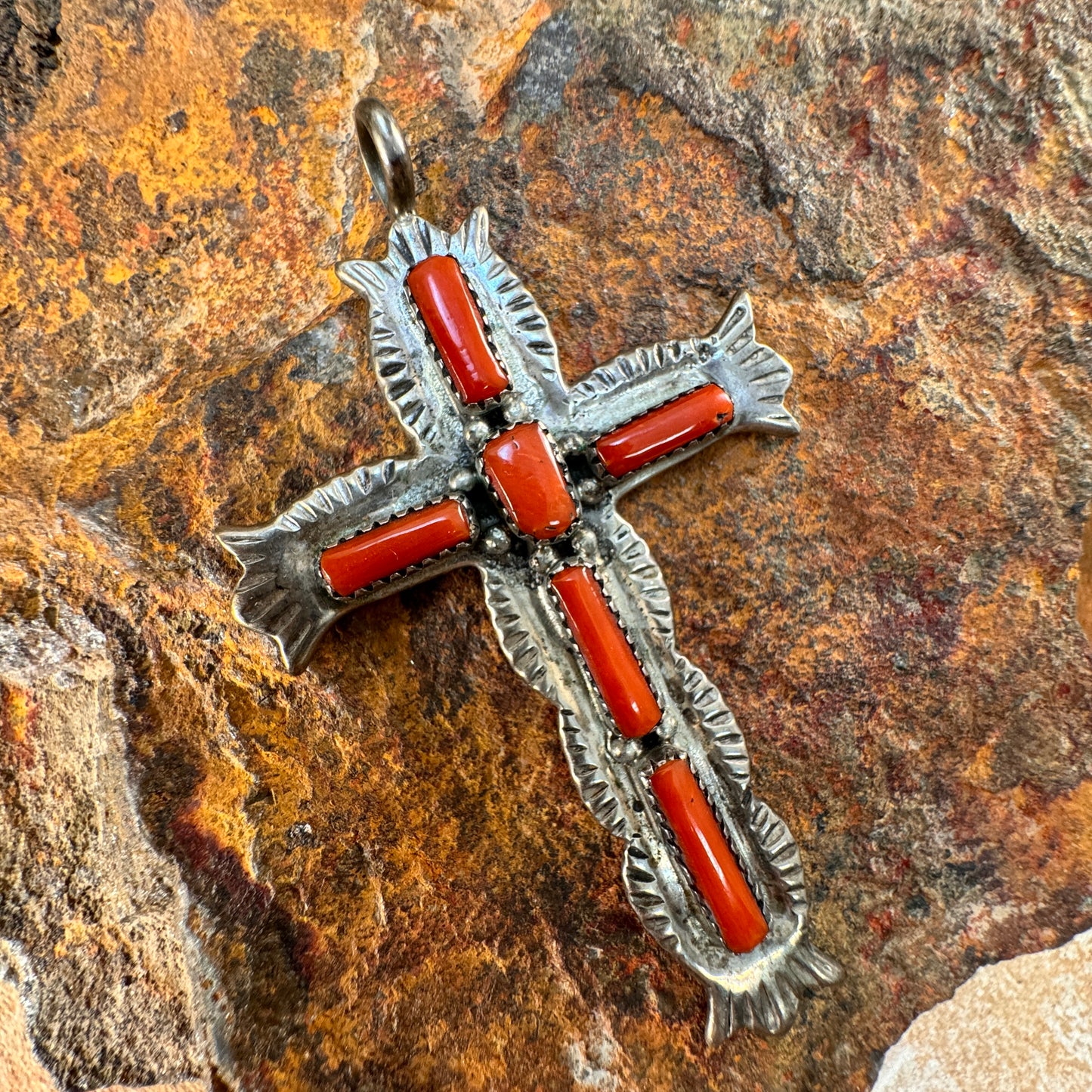 Vintage Sterling Silver and Red Coral Cross Pendant by G&L Leekity - Estate Jewelry