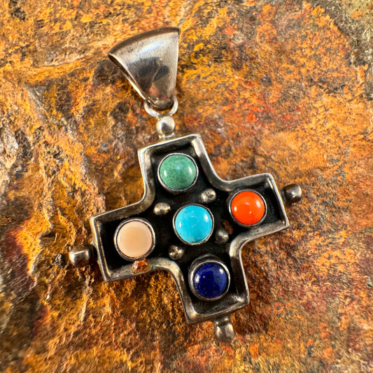 Vintage Sterling Silver and Multi-Stone Cross Pendant - Estate Jewelry