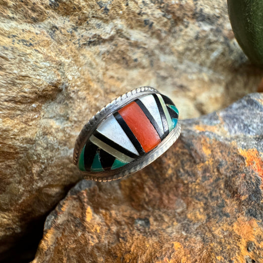 Vintage Sterling Silver Ring with Classic Zuni Inlay Design Size 7.25 - Estate