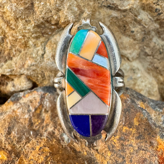 Vintage Sterling Silver Ring with Multicolor Stone Inlay by Roy Jack Size 6 - Estate