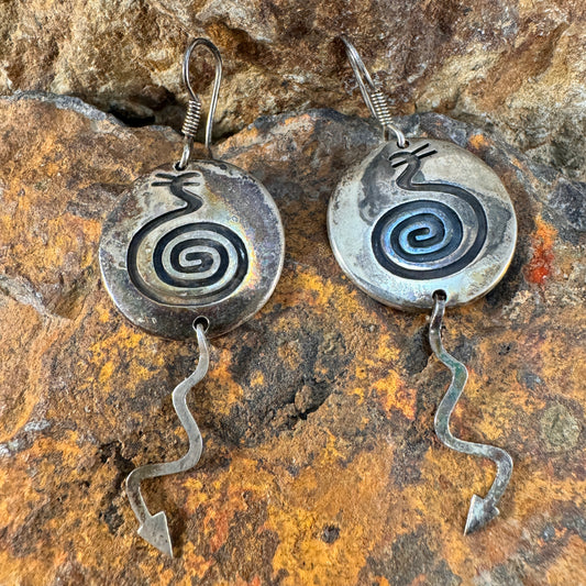 Vintage Sterling Silver Snake Earrings with Spiral Motif and Dangling Tail - Estate