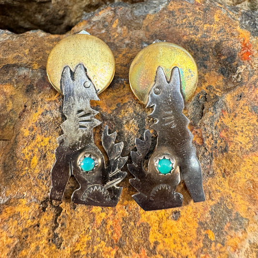 Vintage Vintage Sterling Silver Coyote Earrings with Turquoise - Estate