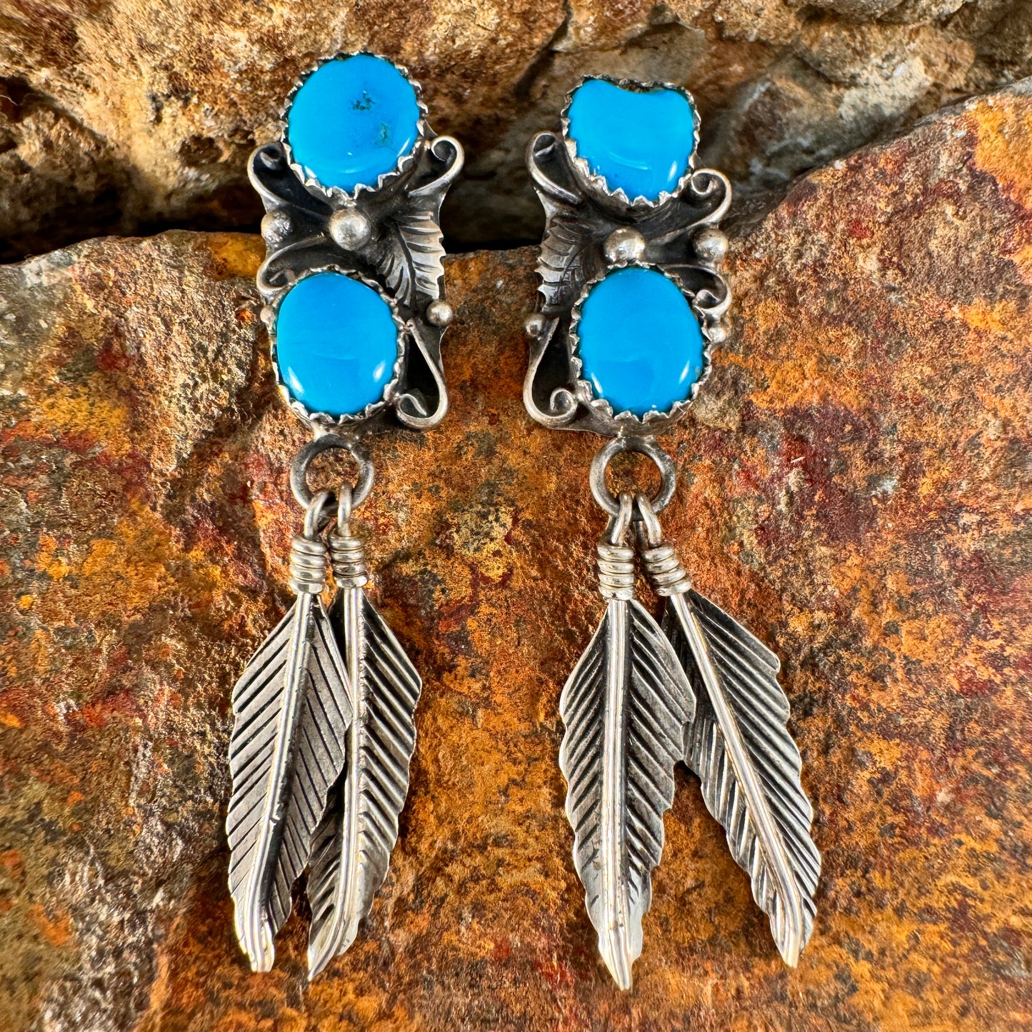 Vintage Sterling Silver Double Turquoise Earrings with Feather Drops - Estate