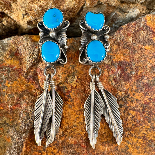 Vintage Sterling Silver Double Turquoise Earrings with Feather Drops - Estate