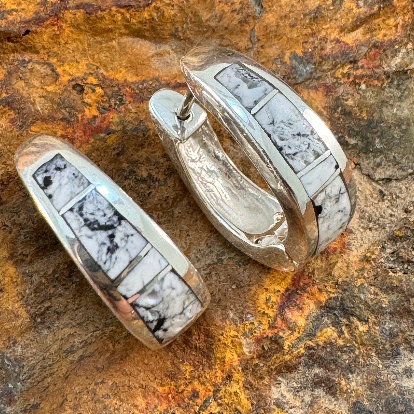 David Rosales White Buffalo Inlaid Sterling Silver Earrings Huggie