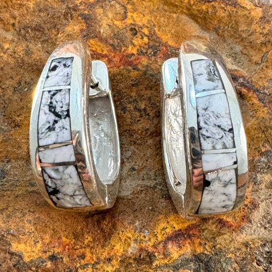 David Rosales White Buffalo Inlaid Sterling Silver Earrings Huggie