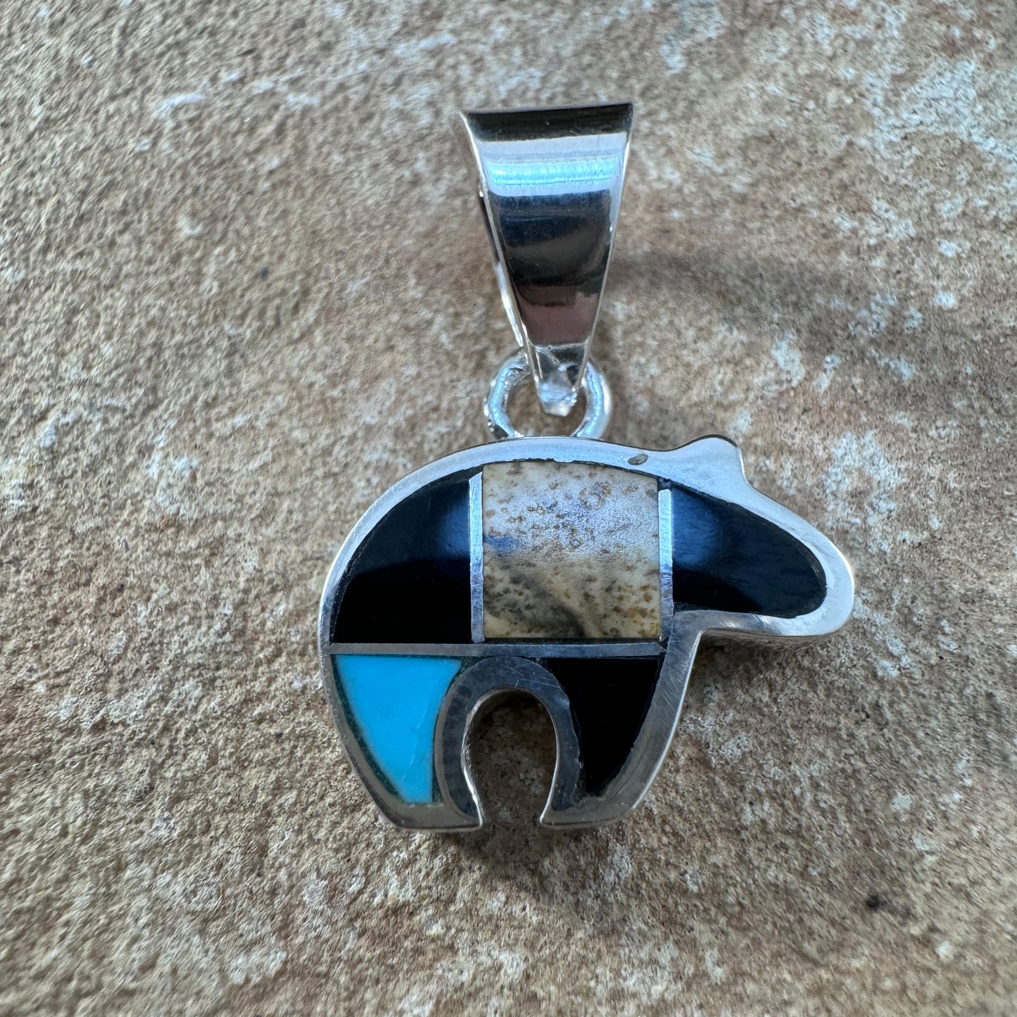 David Rosales Turquoise Creek Inlaid Sterling Silver Pendant Little Bear