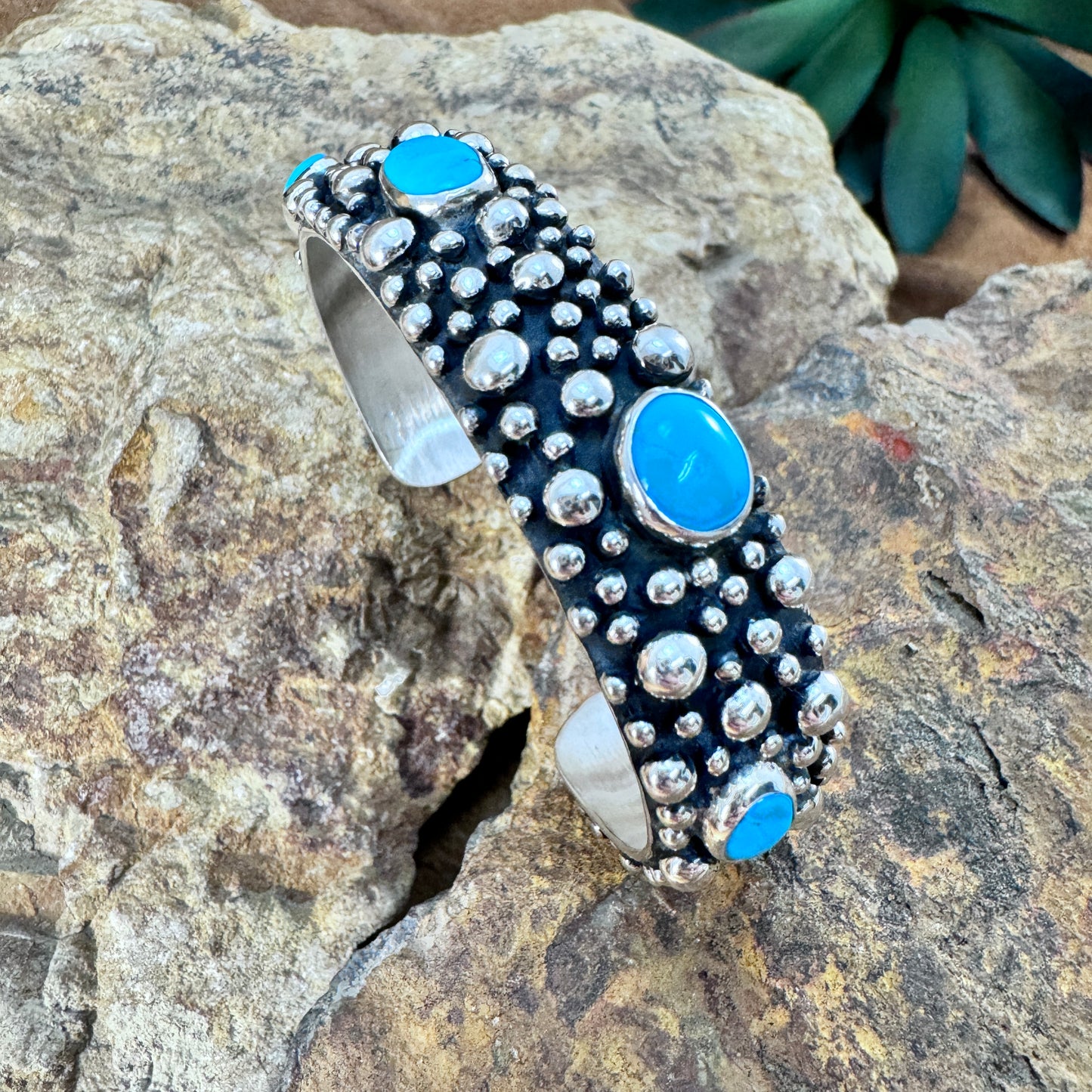 Million Drops Kingman Turquoise Sterling Silver Cuff Bracelet by Ray Coriz