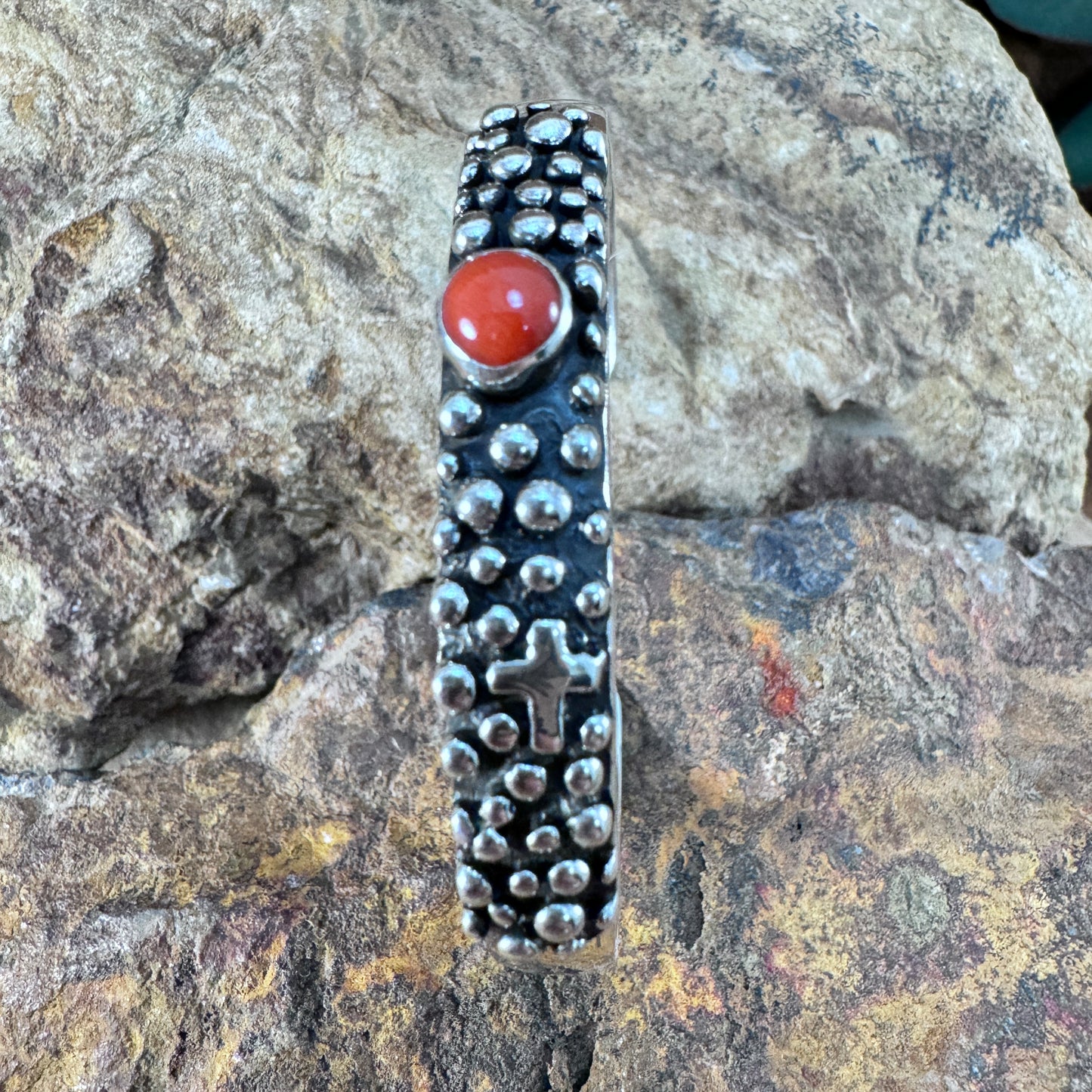 Million Drops Red Coral Sterling Silver Cuff Bracelet by Ray Coriz