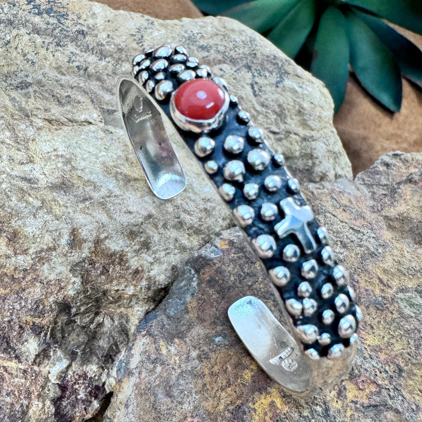 Million Drops Red Coral Sterling Silver Cuff Bracelet by Ray Coriz