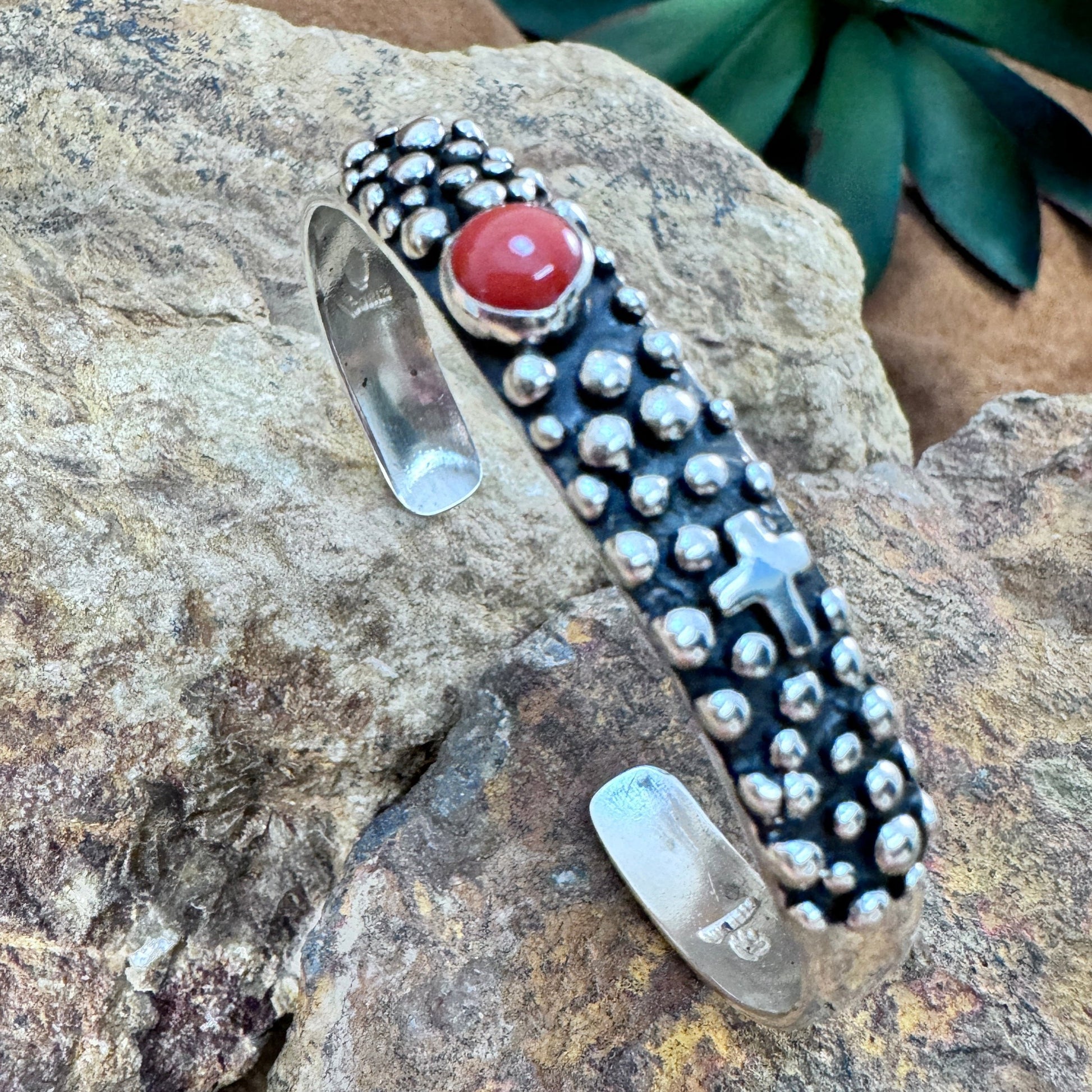 Million Drops Red Coral Sterling Silver Cuff Bracelet by Ray Coriz