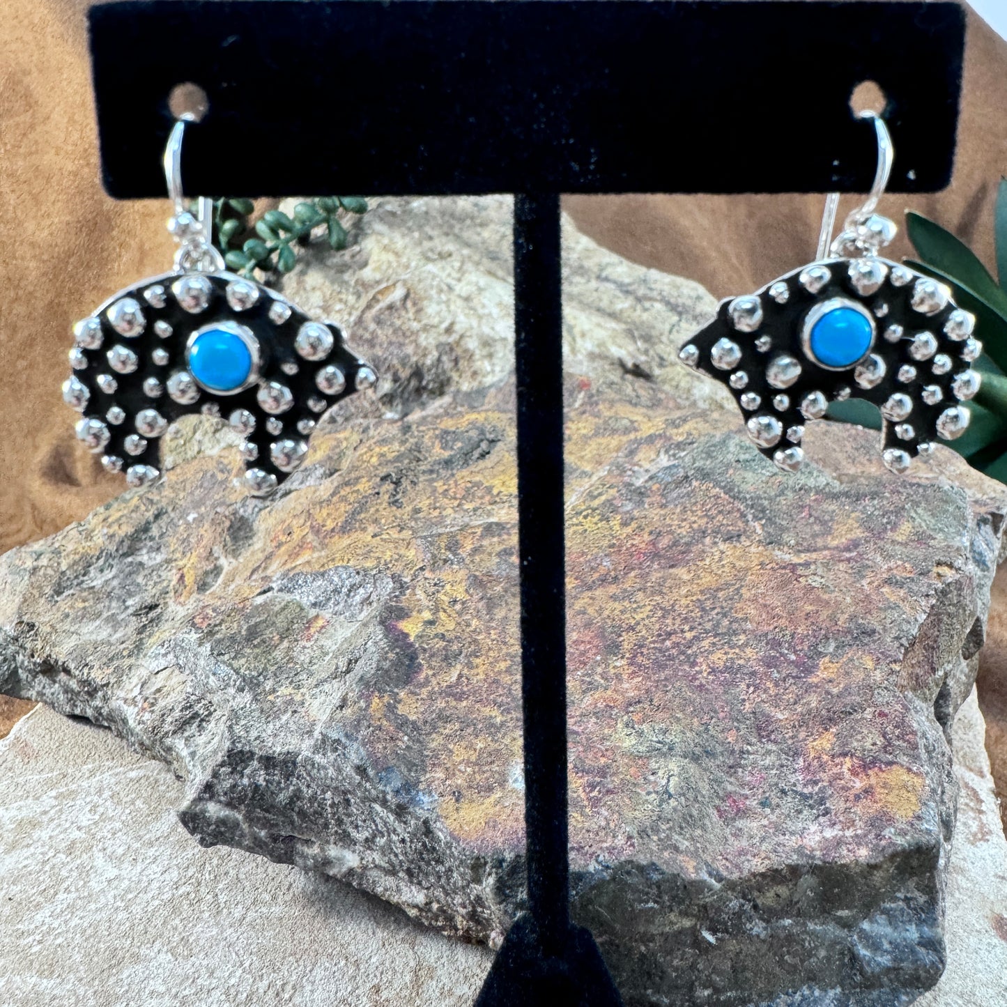 Million Drops Kingman Turquoise Sterling Silver Earrings Bears by Ray Coriz