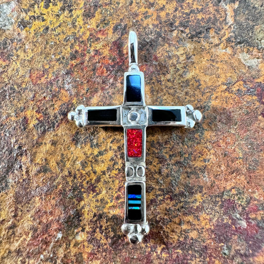 David Rosales Red Moon Inlaid Sterling Silver Pendant Cross