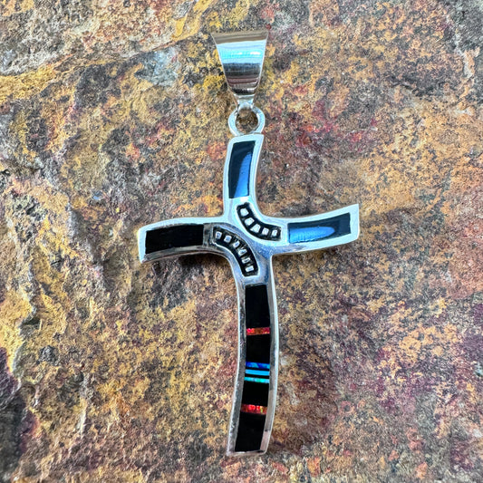 David Rosales Red Moon Inlaid Sterling Silver Pendant Cross