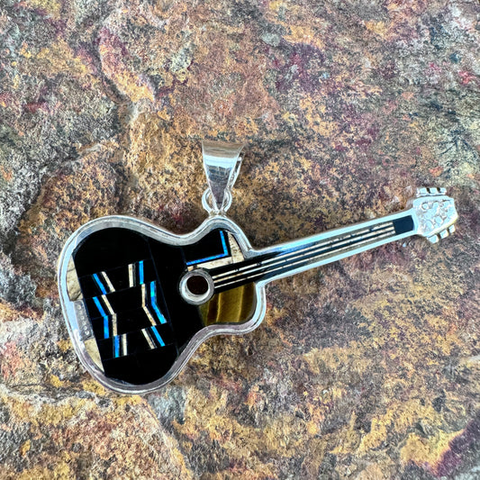 David Rosales Native Lite Fancy Inlaid Sterling Silver Pendant Guitar