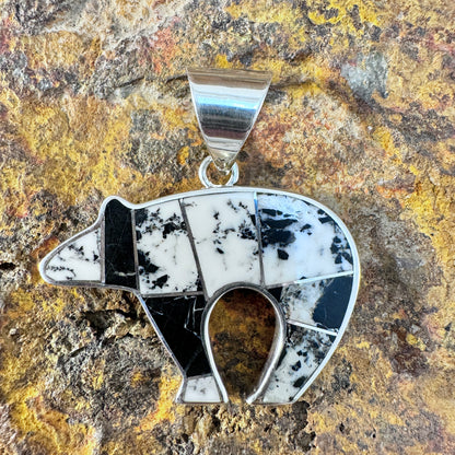 David Rosales White Buffalo Inlaid Sterling Silver Pendant Bear