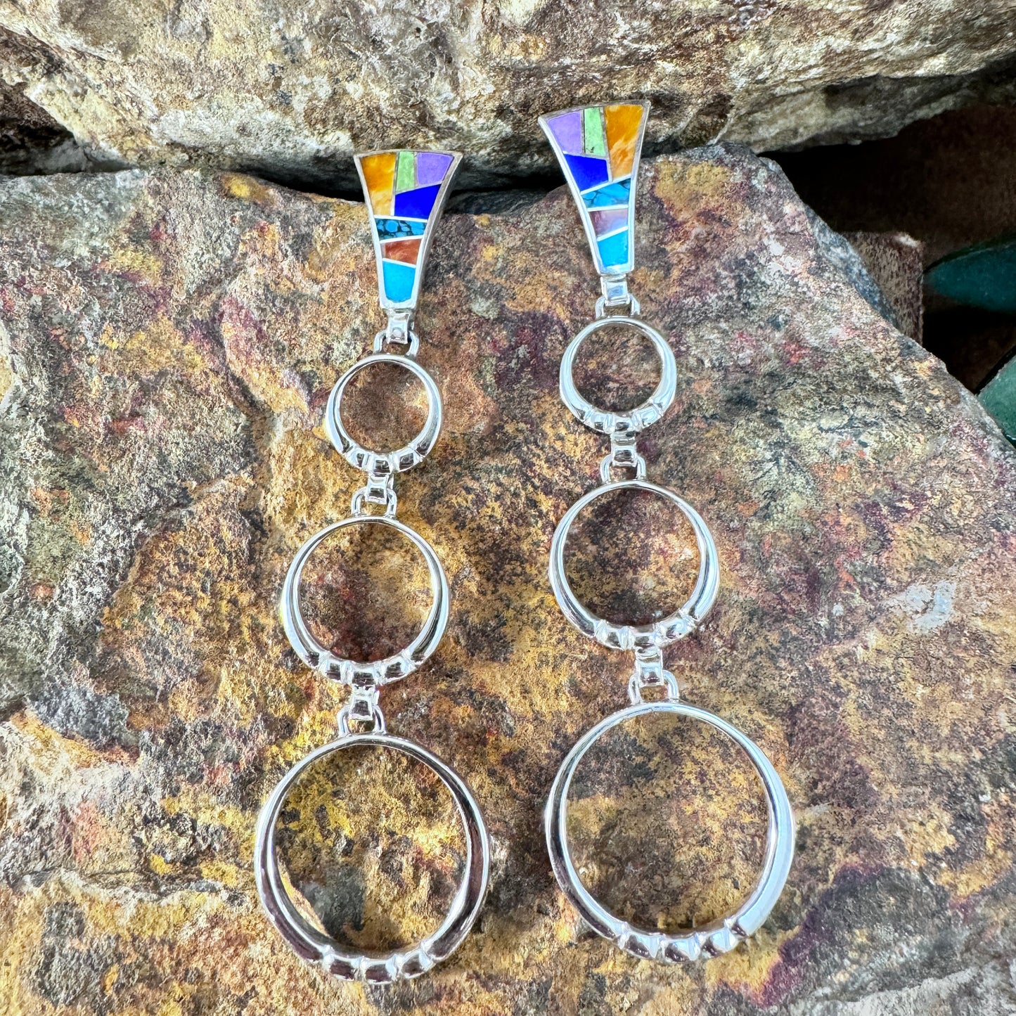 David Rosales Indian Summer Inlaid Sterling Silver Earrings Hoops