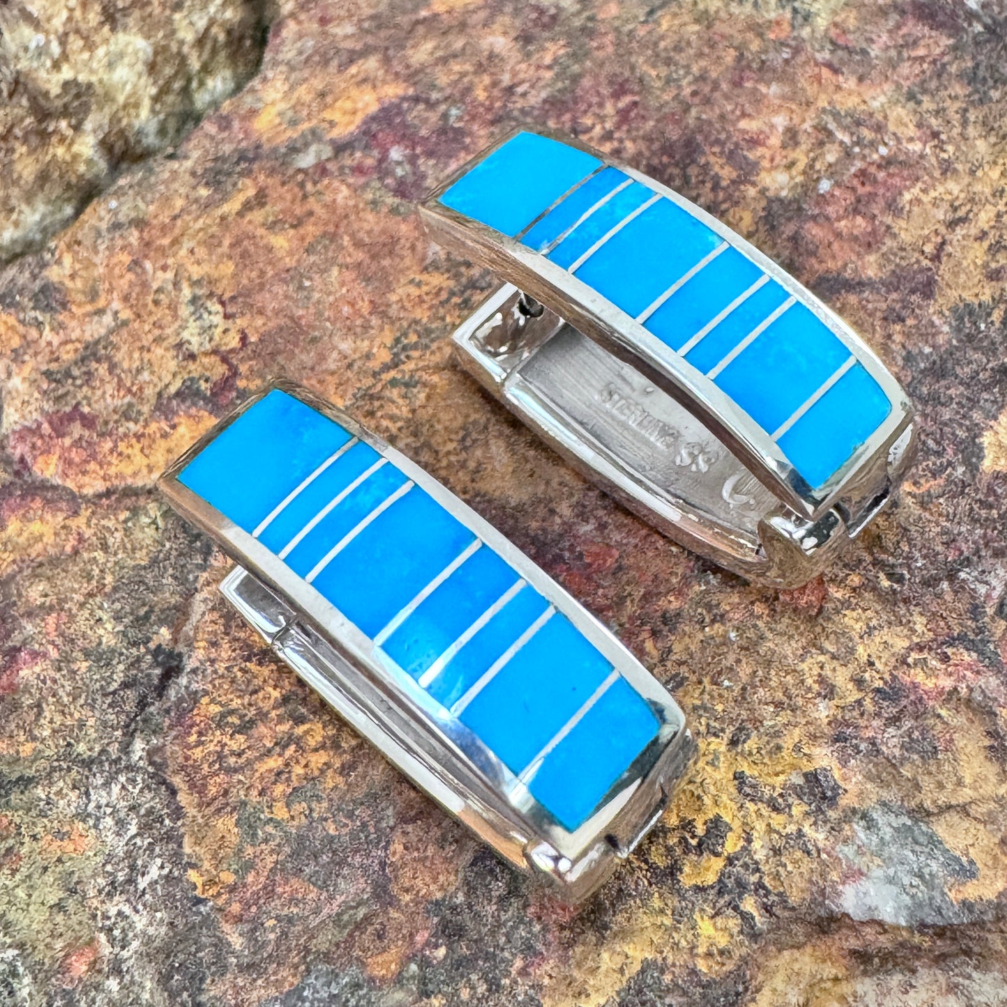 David Rosales Arizona Blue Inlaid Sterling Silver Earrings Huggie