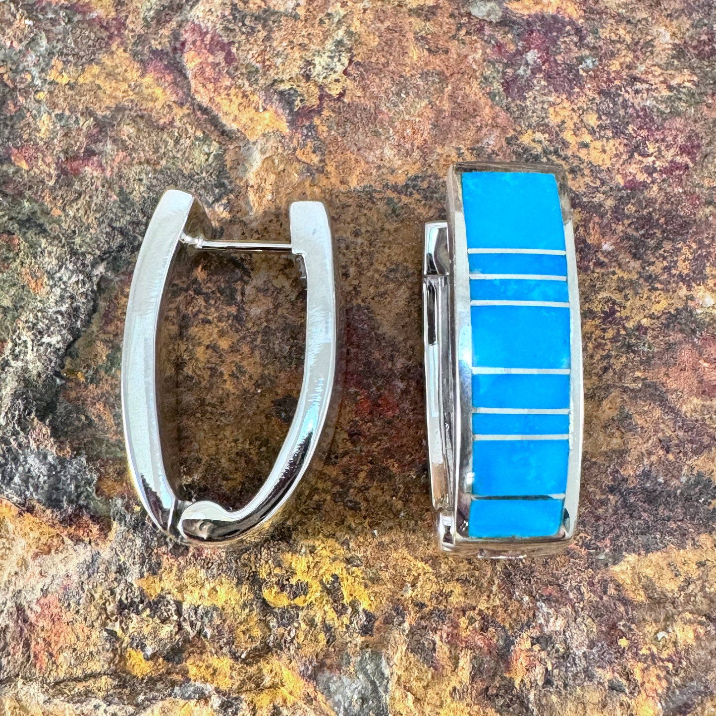 David Rosales Arizona Blue Inlaid Sterling Silver Earrings Huggie