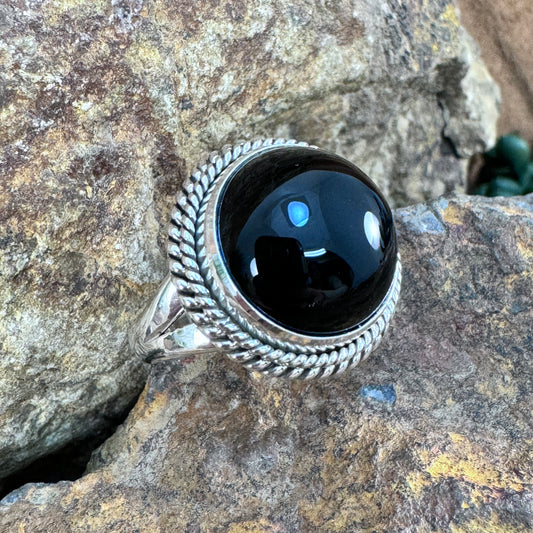 Black Onyx Sterling Silver Double Twist Rope Ring by Artie Yellowhorse - Medium