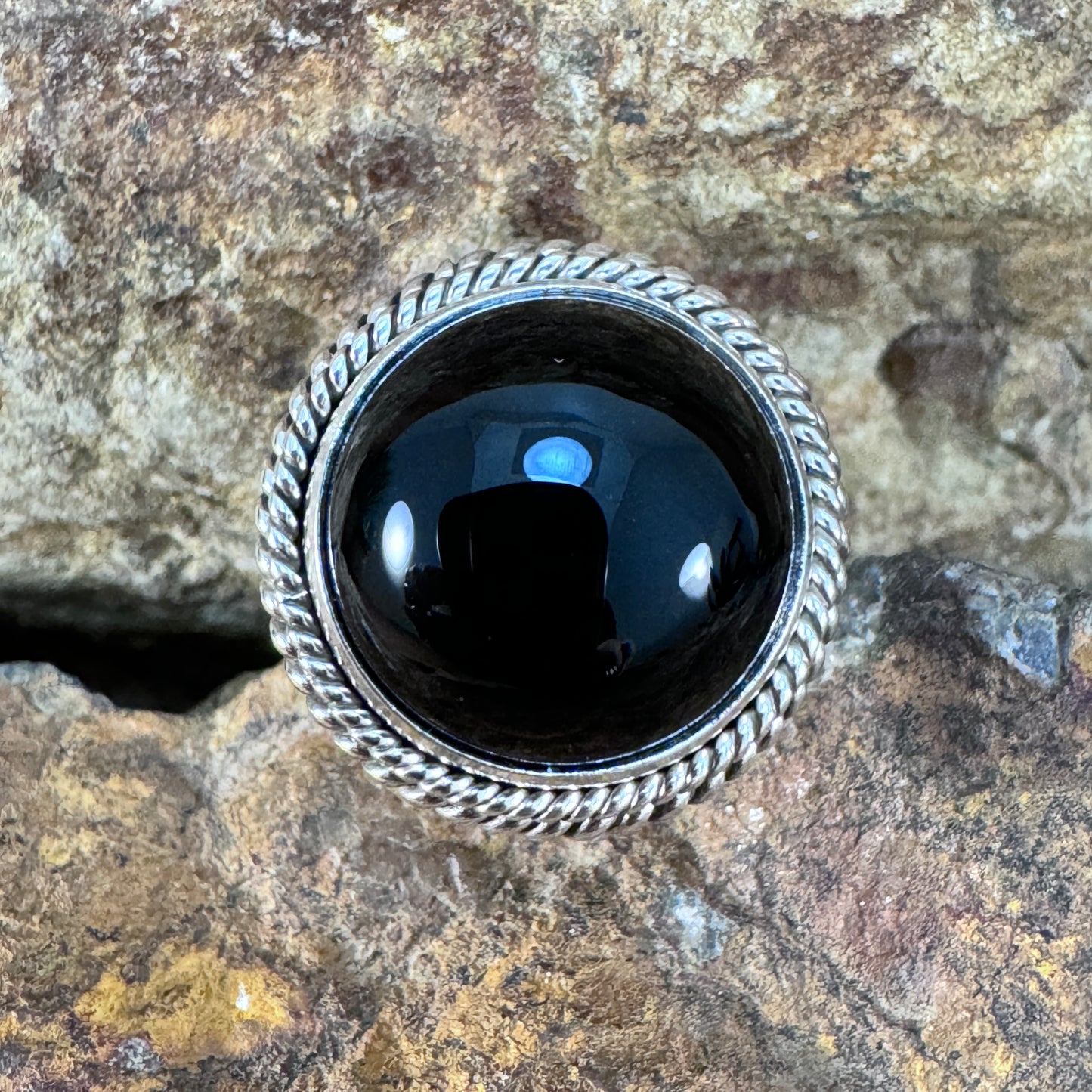 Black Onyx Sterling Silver Double Twist Rope Ring by Artie Yellowhorse - Medium