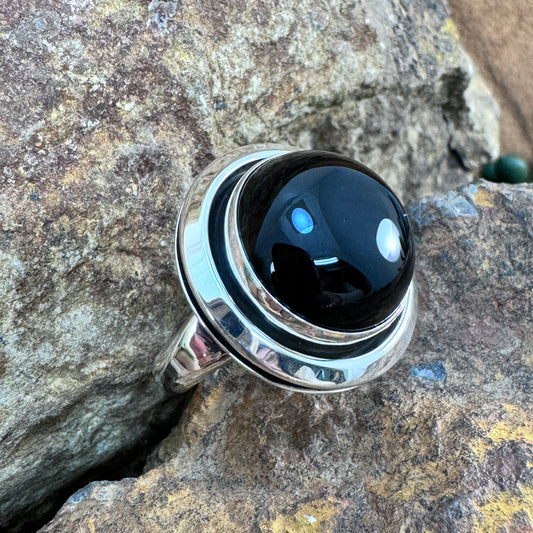 Black Onyx Sterling Silver Shadow Box Ring by Artie Yellowhorse - Medium