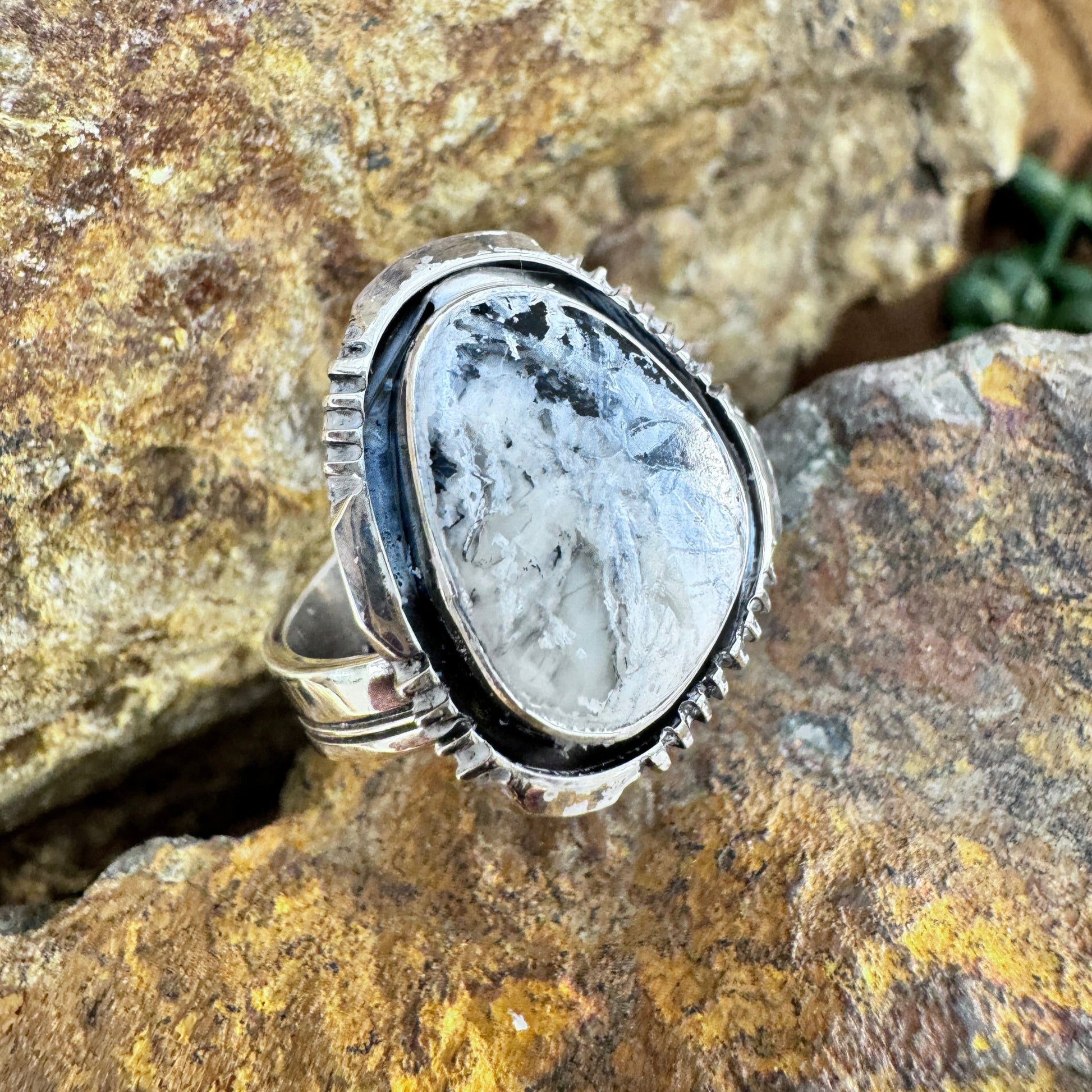 White Buffalo Sterling Silver Ring by Wil Denetdale Size 8 Adj.