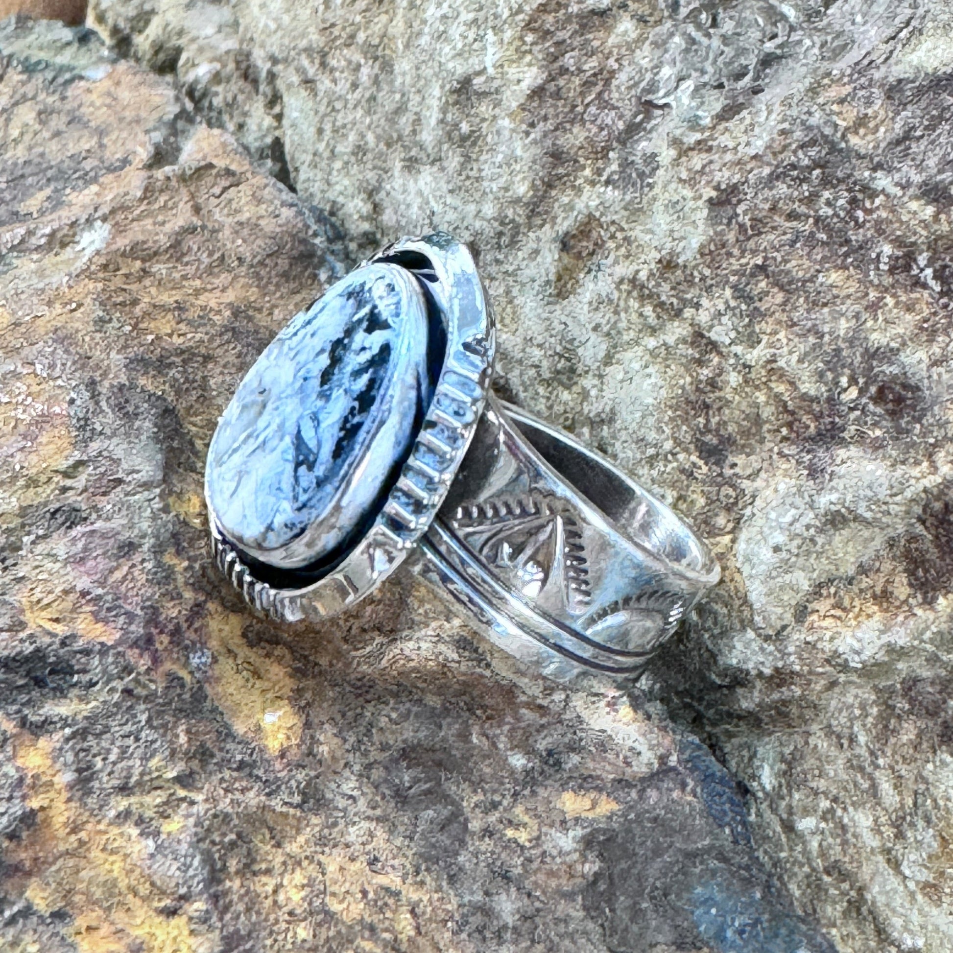 White Buffalo Sterling Silver Ring by Wil Denetdale Size 8 Adj.