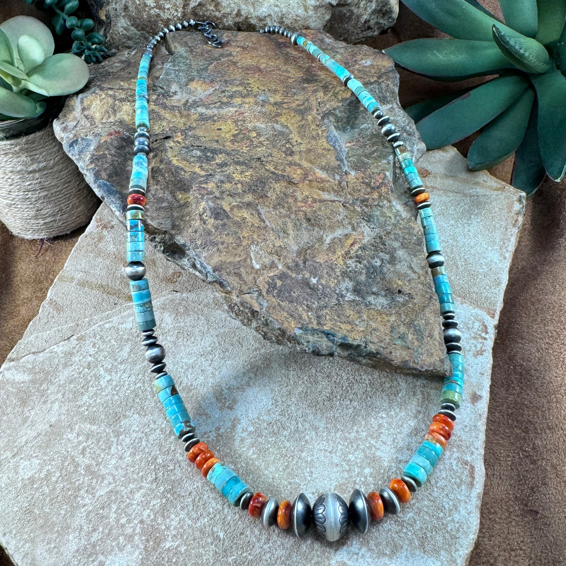 Turquoise and Spiny Oyster Beaded Necklace with Navajo Pearls