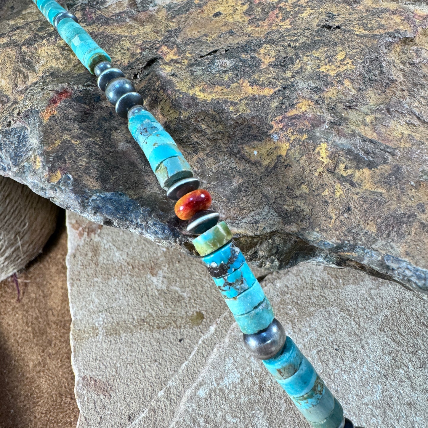 Turquoise and Spiny Oyster Beaded Necklace with Navajo Pearls