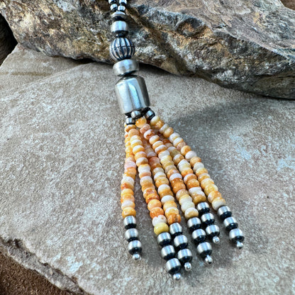 Sterling Silver Beaded Necklace with Orange Spiny Oyster Tassel