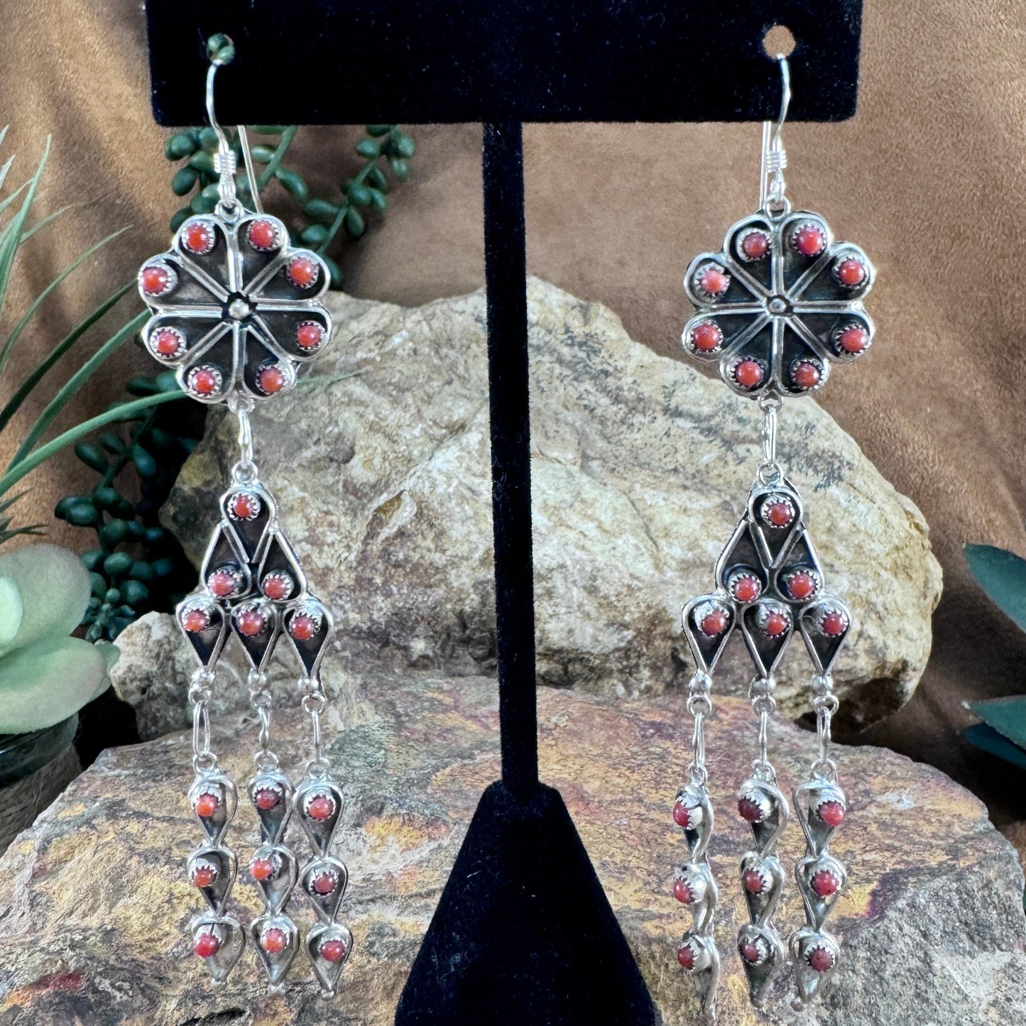 Zuni Red Coral Cluster Chandelier Earrings by Waylon Johnson