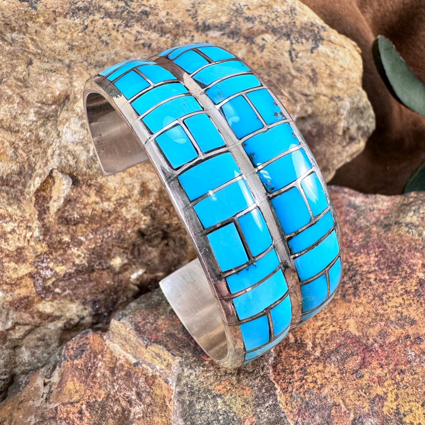 Double-Row Kingman Turquoise Inlay Cuff Bracelet in Sterling Silver