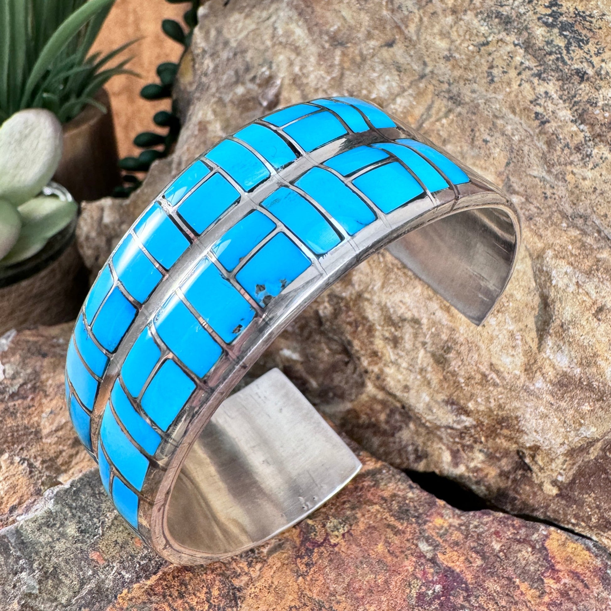 Double-Row Kingman Turquoise Inlay Cuff Bracelet in Sterling Silver